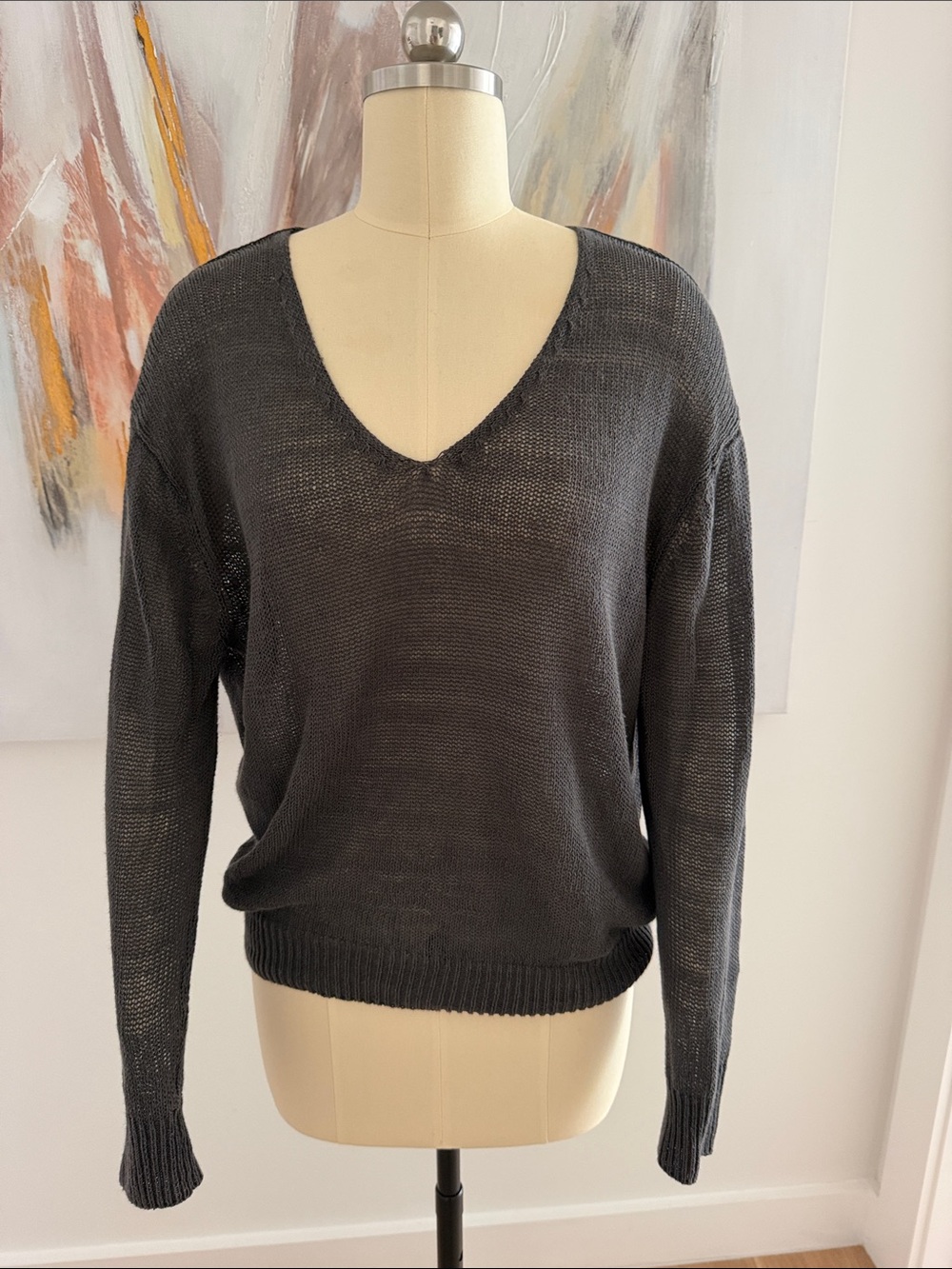 Massimo Dutti Charcoal Gray V-Neck Lightweight Sweater